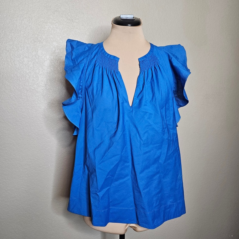 HD in Paris Anthropologie Blue Flutter Sleeve Smocked Split Neck Cotton Blouse 4